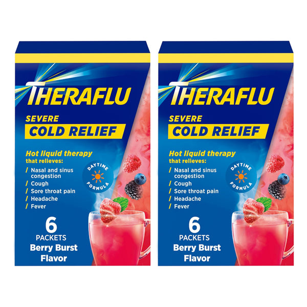 TheraFlu 2 Pack - Theraflu Powder for Daytime Severe Cold and Cough, Berry Burst flavor, 6 packets each. Provides powerful relief; packaging shows the soothing drink and fresh fruit to highlight nasal congestion relief.